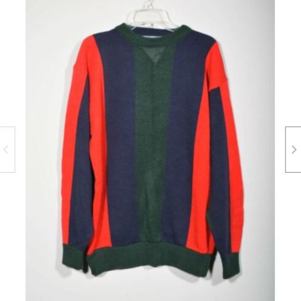 Men's Gitano Green Red Navy Stripes Crew Neck Long Sleeve Pullover Sweater Sz L
